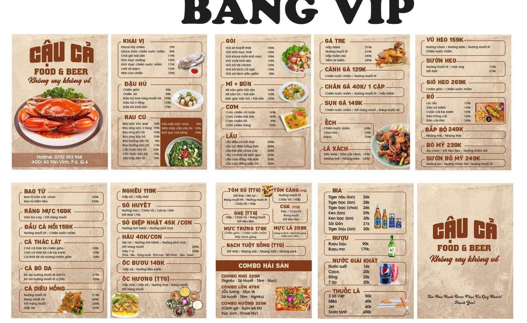 Menu Đặt Tiệc Nhà Hàng Cậu Cả Food & Beer